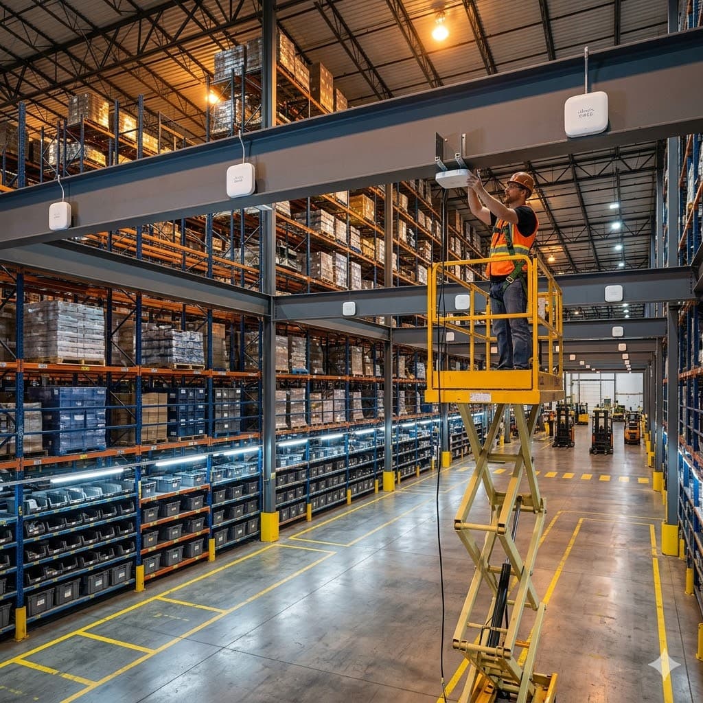 Field technician on a scissor lift installing a wireless AP in a large distribution warehouse
